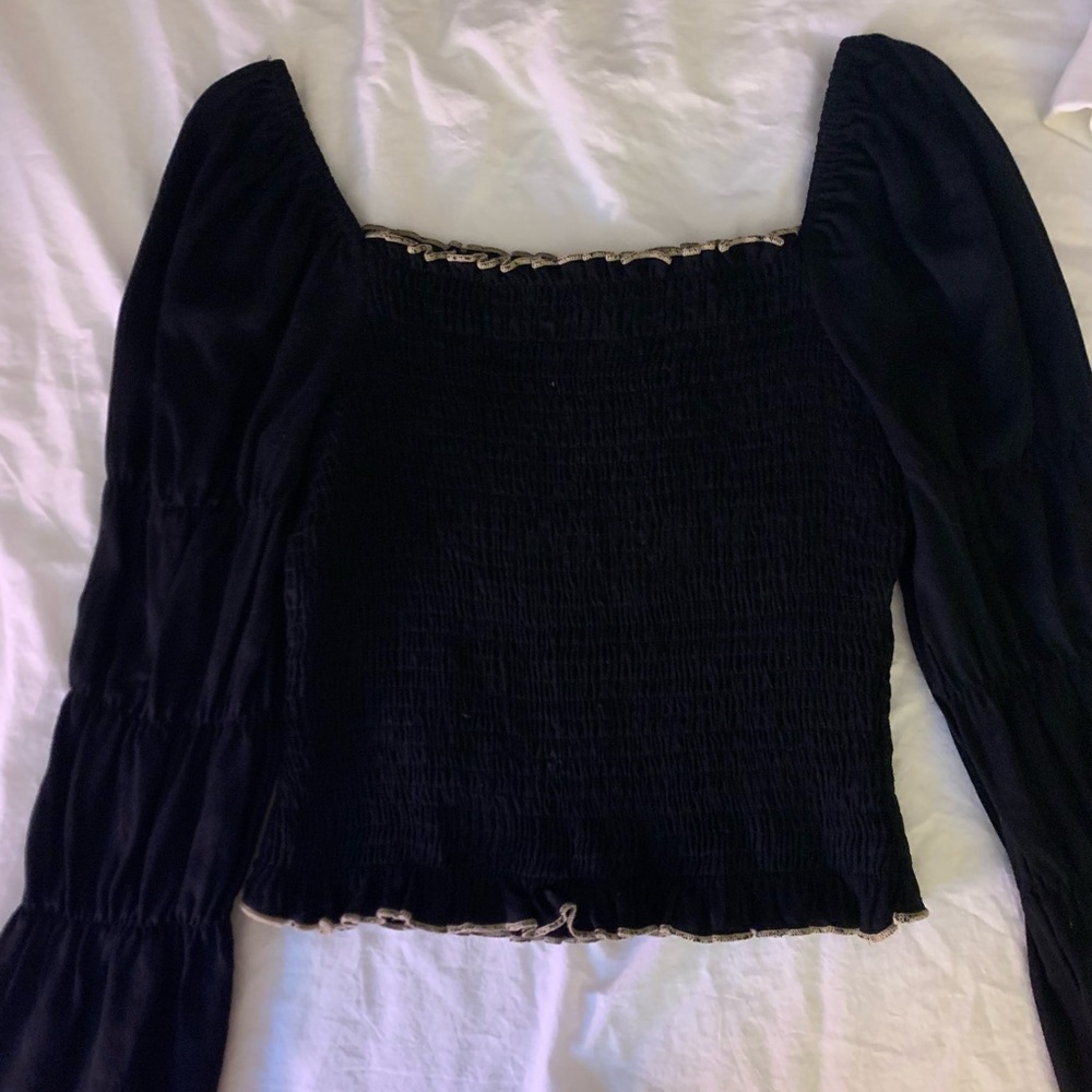 Black gold trim blouse with puff sleeves
